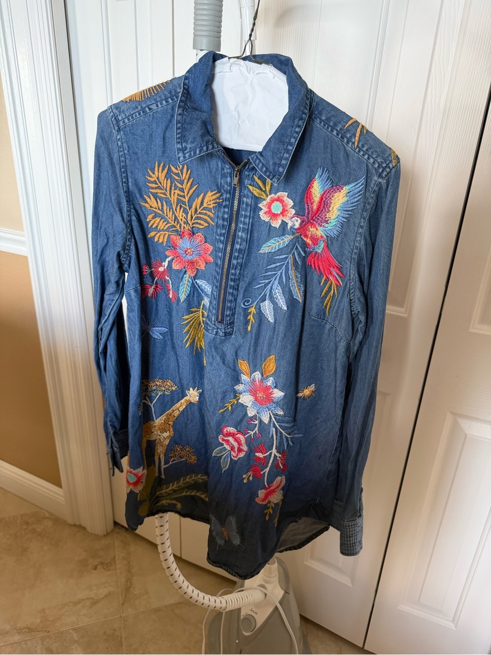 Johnny Was Denim Embroidered Floral & Parrot Tunic in Blue